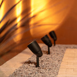Ealing Bodenstrahler – Bronze – nach oben an eine Steinwand gerichteter Lichtstrahl. 